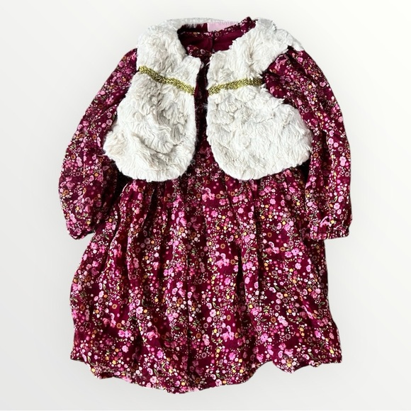 Girl’s 18 month Floral Pink Dress with White Faux Fur Vest - Picture 1 of 1